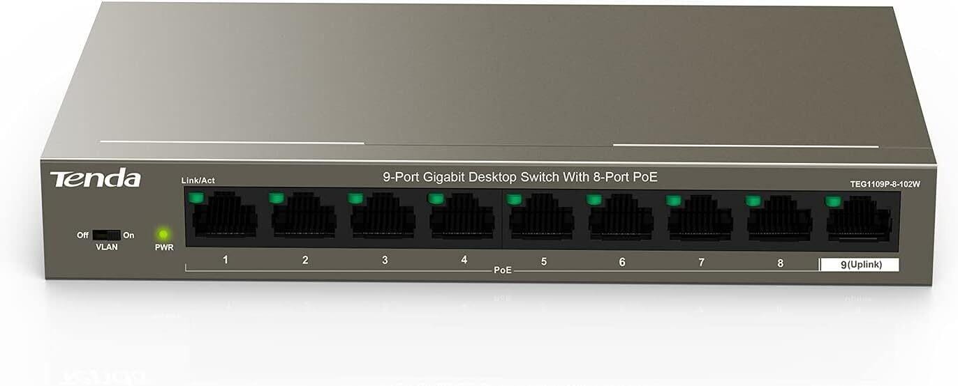 Tenda TEG1109P-8-102W 9-Port Gigabit PoE Switch with 8 PoE Ports, 102W, Plug & Play, Lightning Protection, Metal Housing