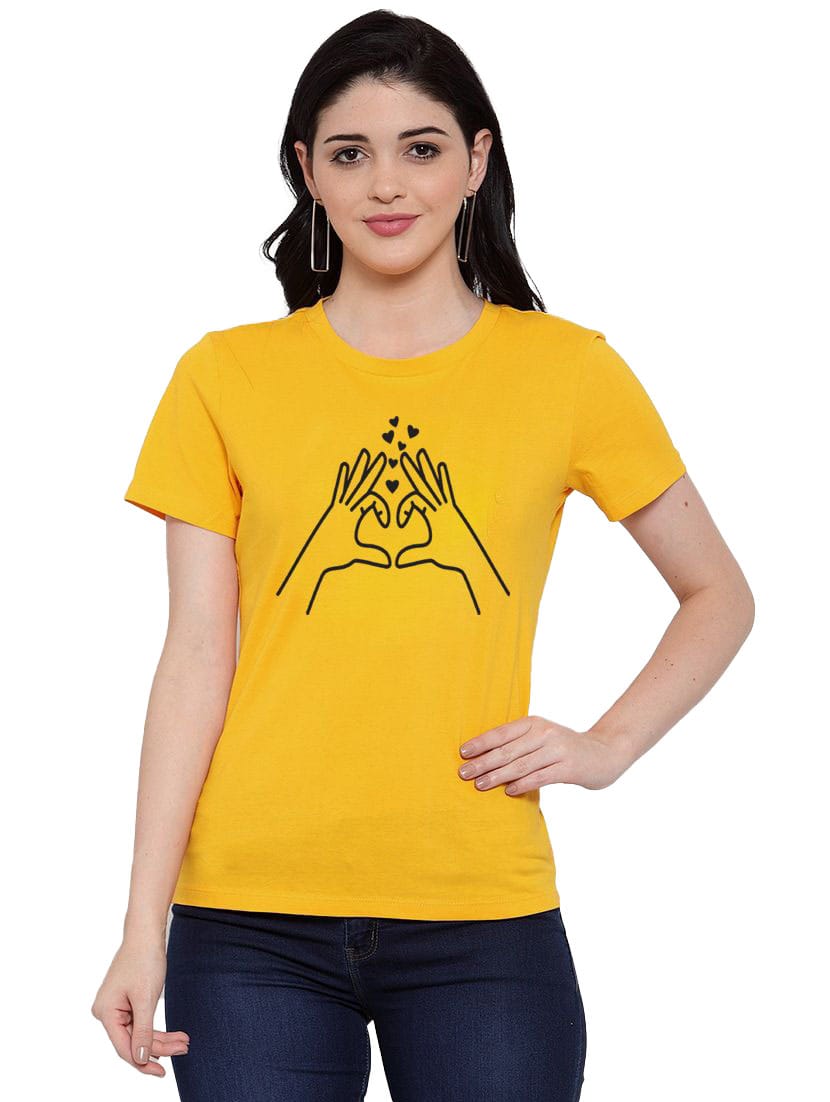 Women's Cotton Blend Heart Hands Line Art Printed T-Shirt XL (Yellow)