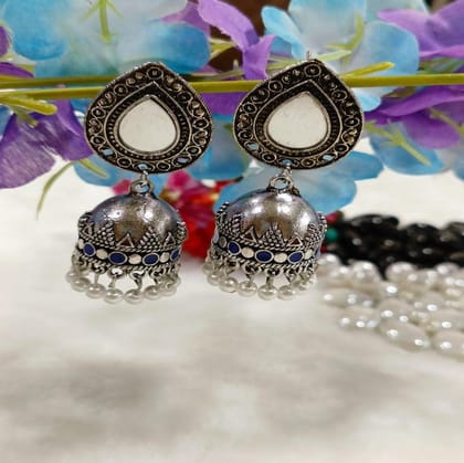 Silver Oxidised Kundan Mirror Jhumka Earring- OXDER 4223