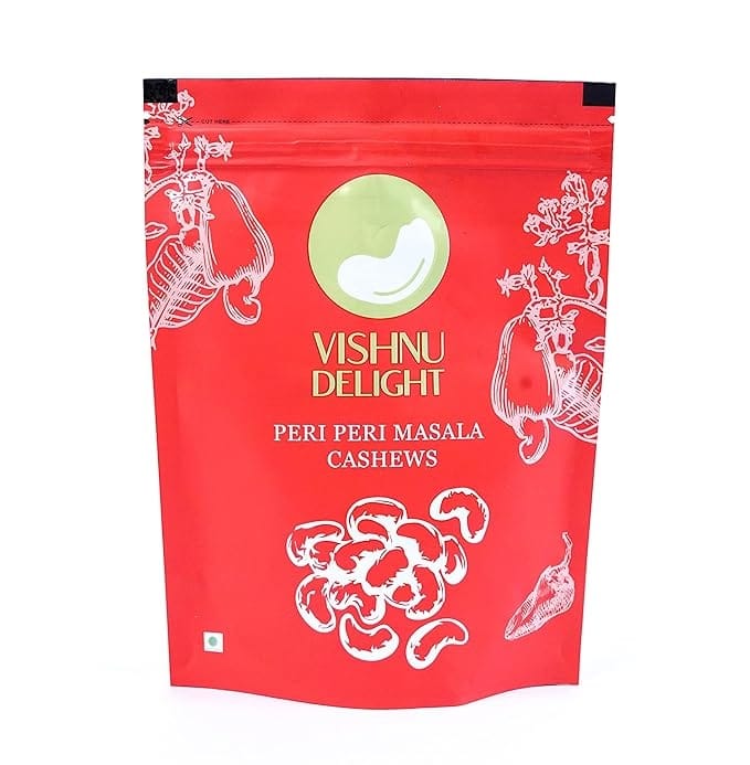 Vishnu Delight Peri Peri Flavor Cashews 250gm Pouch - A Fiery Twist on Traditional Cashews, Rich in Protein, Fiber, and Healthy Fats for a Guilt-Free Snack