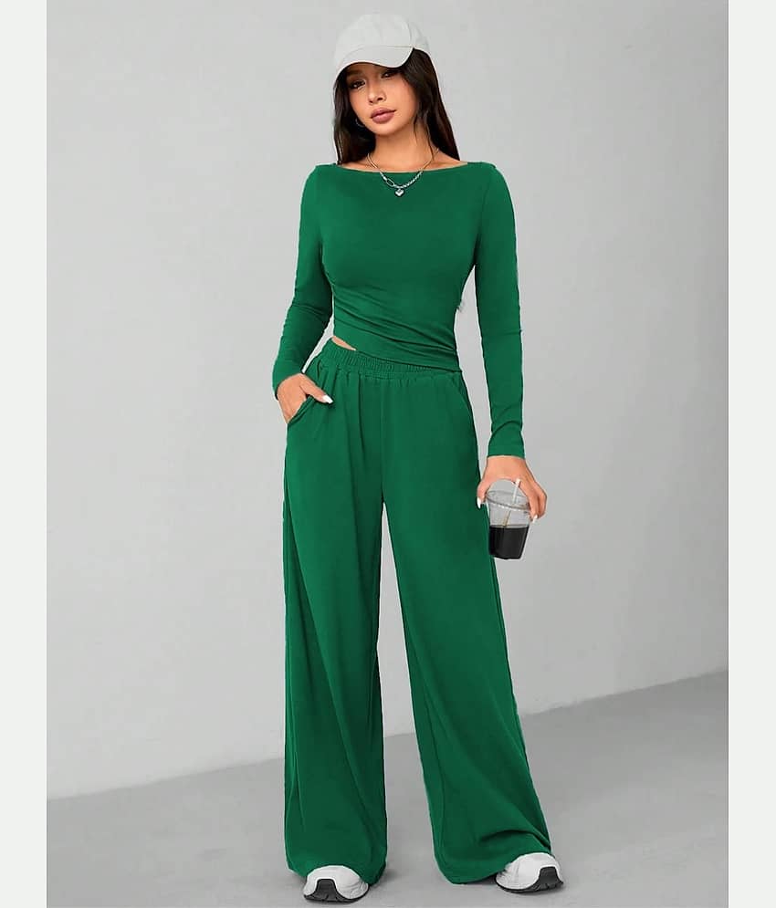 kotty Women Solid Top With Trousers Co-Ord Set ( Green )