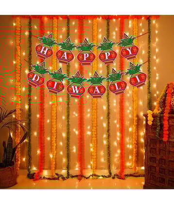 Zyozi Diwali Decoration Items For Home Decorations/Diwali Festival Of Lights - Happy Diwali Banner & Rice Light (Pack Of 2)