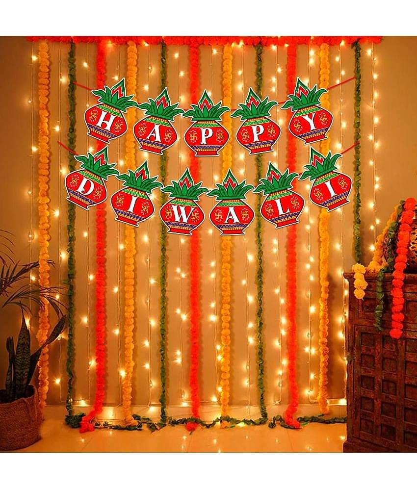 Zyozi Diwali Decoration Items For Home Decorations/Diwali Festival Of Lights - Happy Diwali Banner & Rice Light (Pack Of 2)