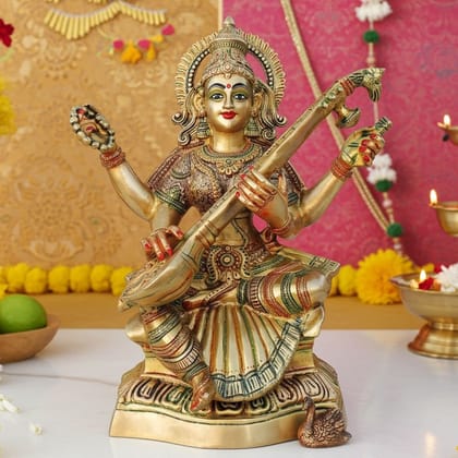Brass Saraswati Ji Statue - Premium Home Temple Showpiece, Height : 17.5 Inch (BSMAS944 E)