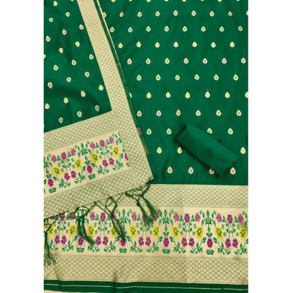 Generic Women's Banarasi Silk Printed Unstitched Salwar Suit Material With Dupatta (Bottle Green, 3Mtrs)