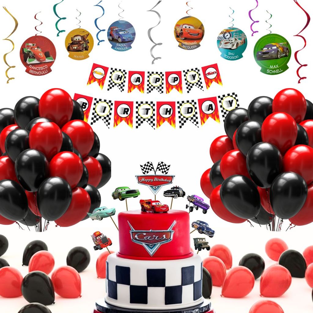 Racing Car Theme Birthday Decoration Combo Kit with Banner, Ballooons, Swirls & Cake Topper - Party and Festive Needs | Buy online on ZillyBuy