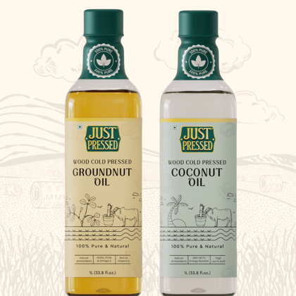 Just Pressed Cold Pressed Groundnut Coconut 1 litre each combo - 100% Pure Peanut Oil & Coconut Oil | Unrefined & Zero Additives | Kachi Ghani Oil | Wood Cold Pressed Oil