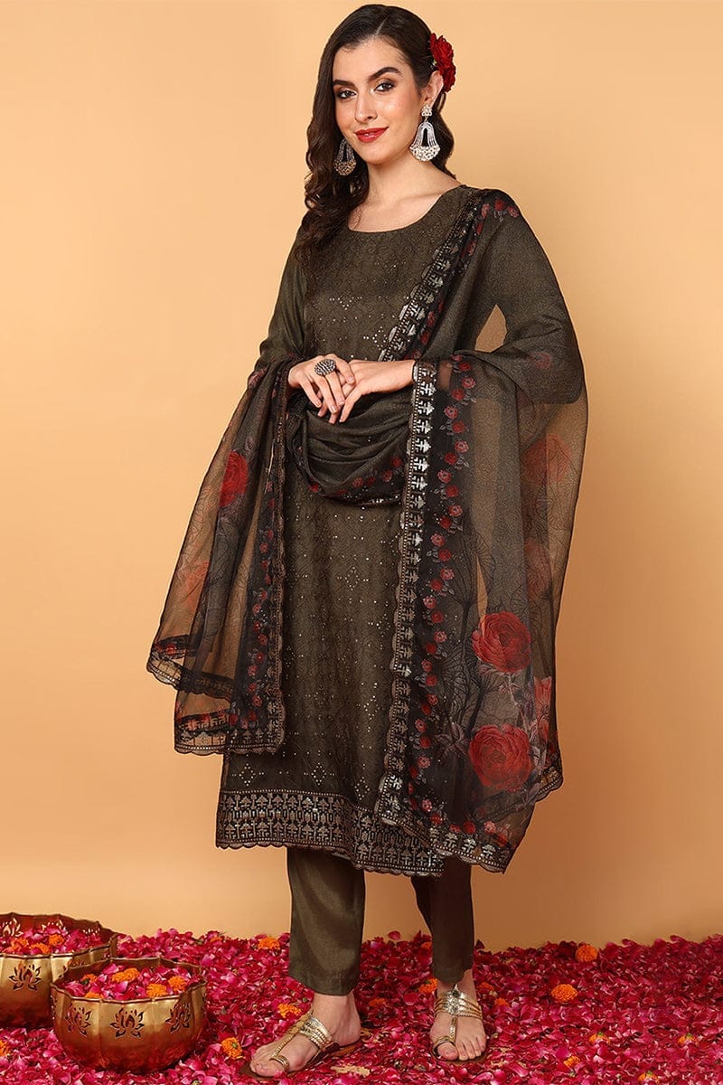 Plus Size Green Organza Floral Embroidered Straight Suit Set PKSKD2088