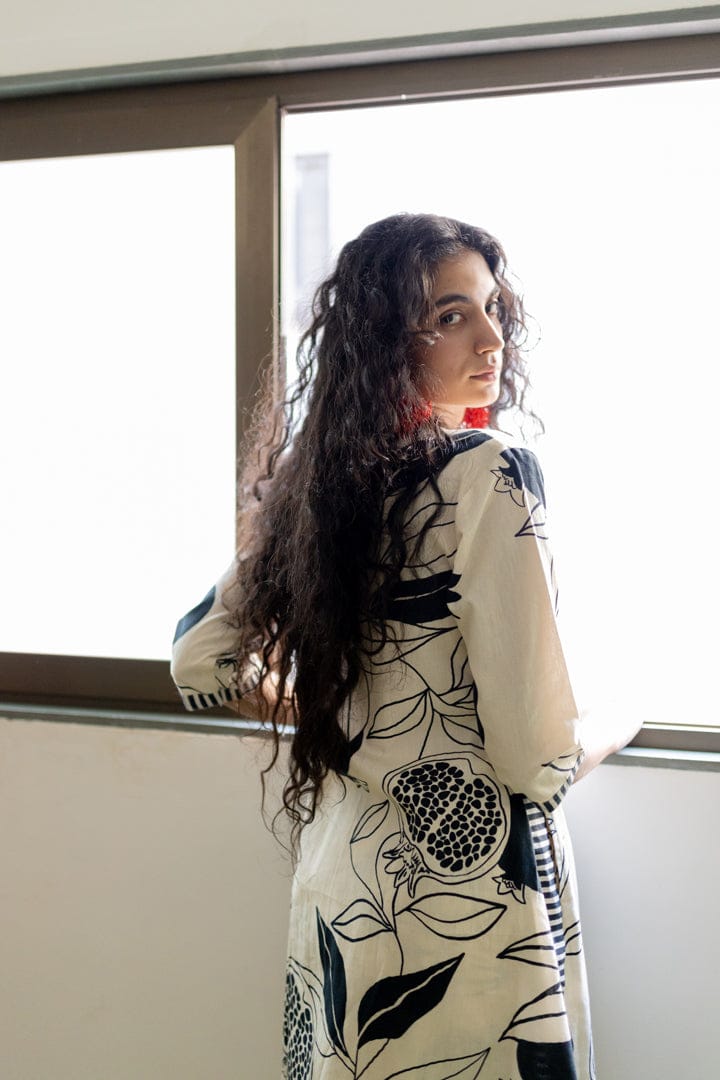 Cream pomegranate print Kurta-S