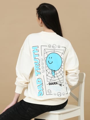 Women Printed Oversized Sweatshirt Pure Cotton Full Sleeve Offwhite-White / XXS