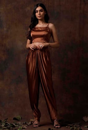 Set of 2 : Russet Brown Satin Slip Blouse and Dhoti-M