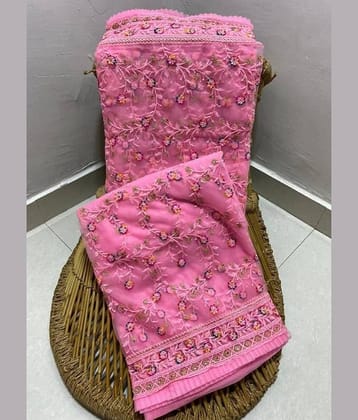 JULEE Jacquard Embellished Saree With Unstitched Blouse Piece ( Pink )