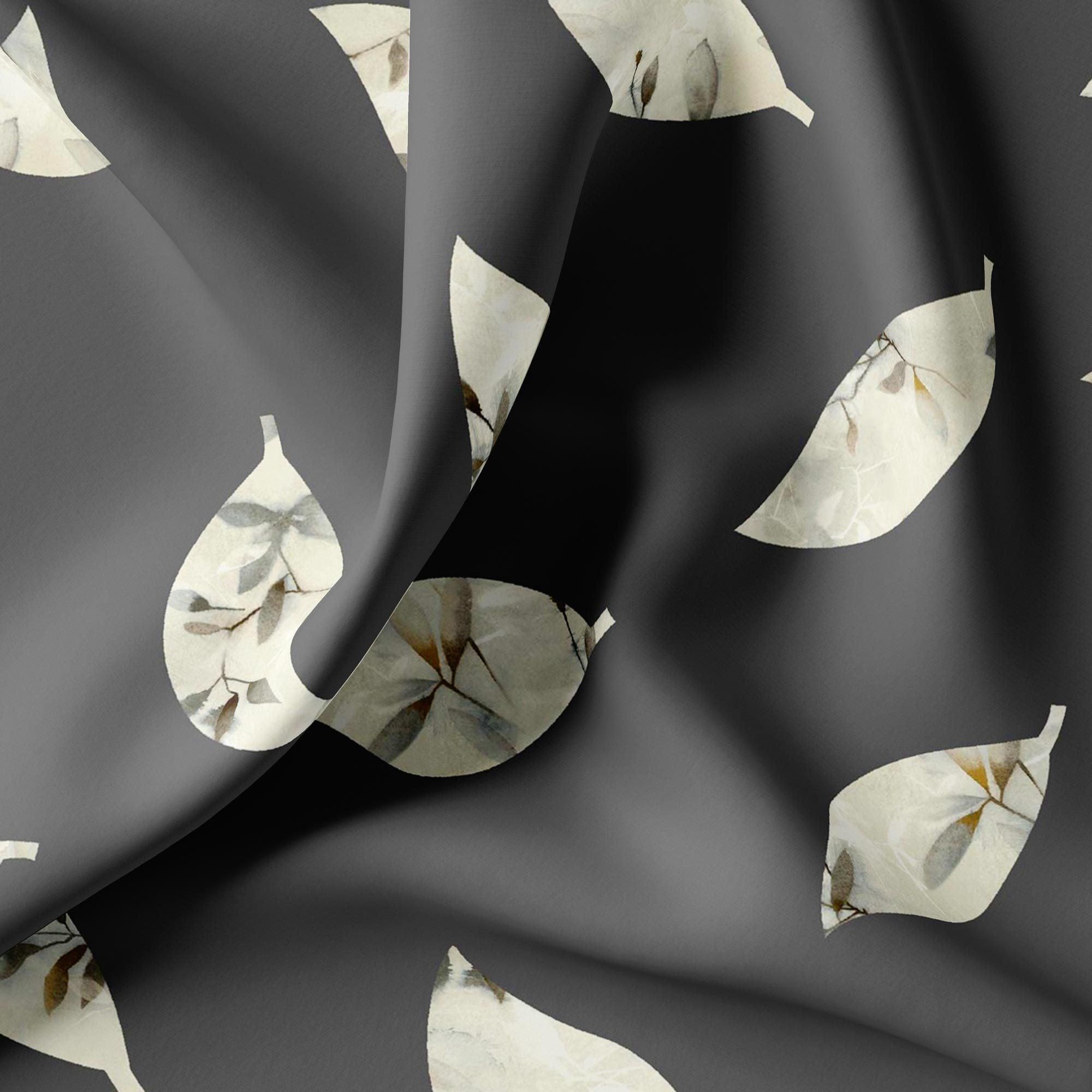 Leaves Print On Dark Grey Base Digital Printed Fabric