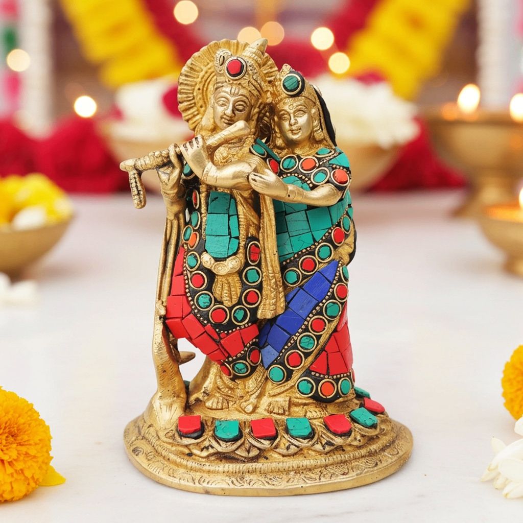 Brass Radha Krishna God Idol - Premium Handcrafted Idol, Height : 7.5 Inch (BSMAS836 B)