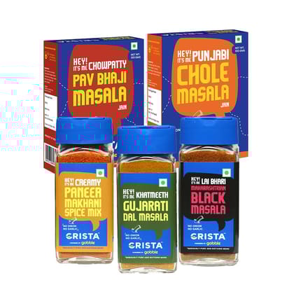 CRISTA Flavours of India - Spices Combo (Jain Pav Bhaji Masala 100 gm, Jain Chole Masala 100 gm, Maharashtrian Masala 50 gm, Paneer Makhani Gravy Spice Mix, 50 gm & Gujarati Dal 50 gm - Pack of 5 CRISTA Flavours of India - Spices Combo (Jain Pav Bhaji Masala 100 gm, Jain Chole Masala 100 gm, Maharashtrian Masala 50 gm, Paneer Makhani Gravy Spice Mix, 50 gm & Gujarati Dal 50 gm - Pack of 5
