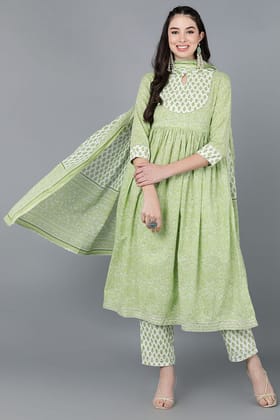 Light Green Cotton Flared Kurta Pant With Dupatta VKSKD1452