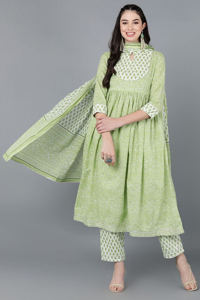 Light Green Cotton Flared Kurta Pant With Dupatta VKSKD1452