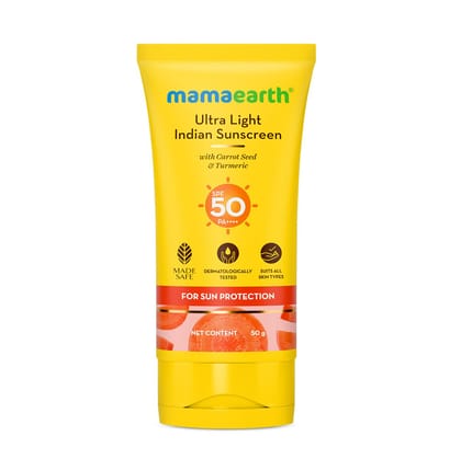 Mamaearth Ultra Light Indian Sunscreen with Carrot Seed & Turmeric | SPF 50 PA ++++ | UVA & UVB Protection | Tan Protection | No White Cast | Non-Greasy & Quick Absorbing | Super Lightweight | Suits All Skin Types | In-Vivo Tested | 50 g Mamaearth Ultra 