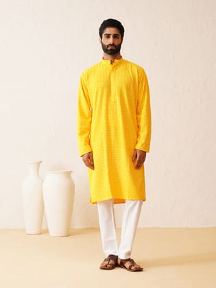 Men's Ethnic Motifs Embroidered Sequinned Mustard Cotton Kurta and White Pyjama-42