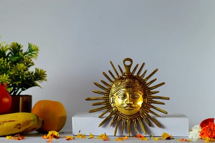 Surya Bhagwan Wall Hanging Lord Sun Idol Suraj Murti Statue (Color - Golden, Size - 6.25H *6.25L*1B) by Snova Enterprises