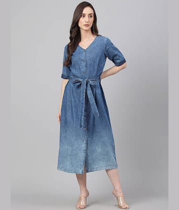 Janasya Women Denim Solid A-line Dress ( Blue )