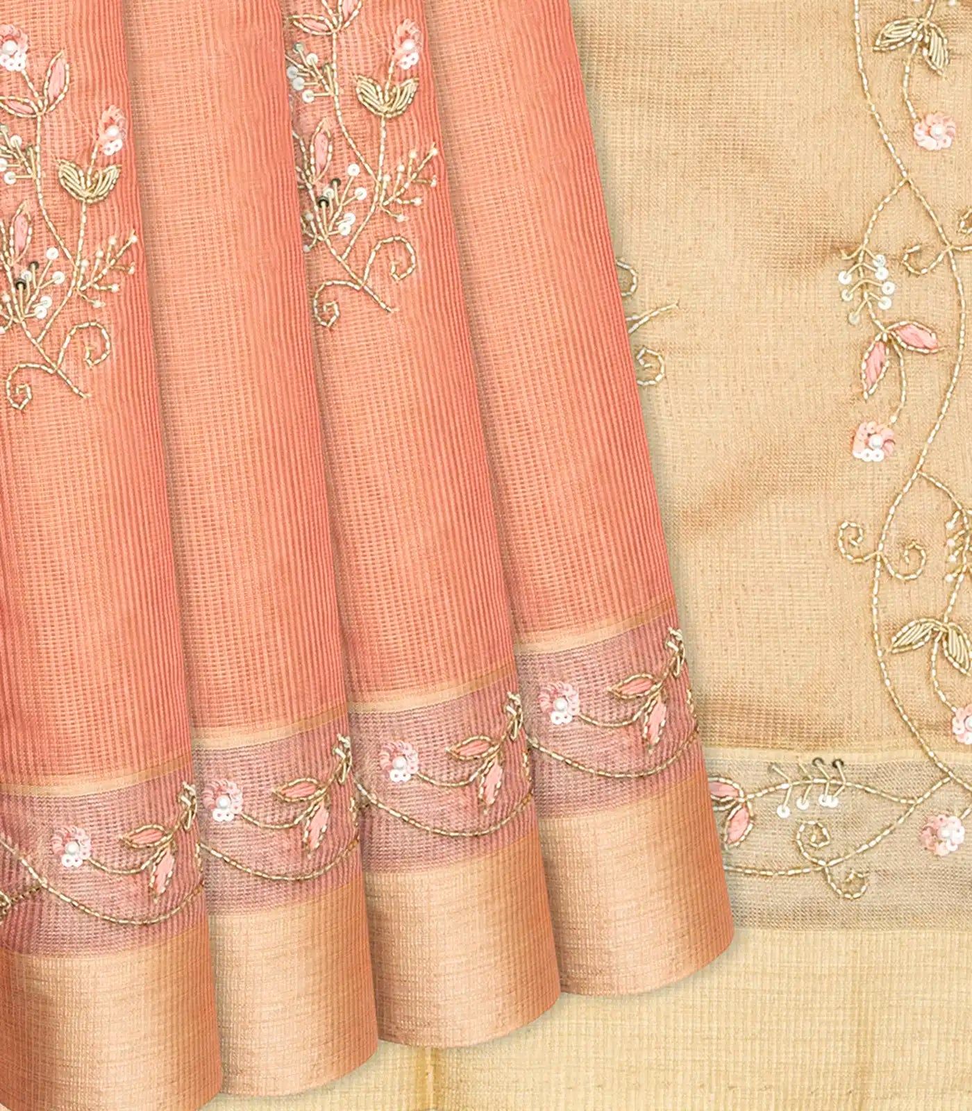 Peach Tissue Embroidered Saree With Floral Motifs-Peach-Peach