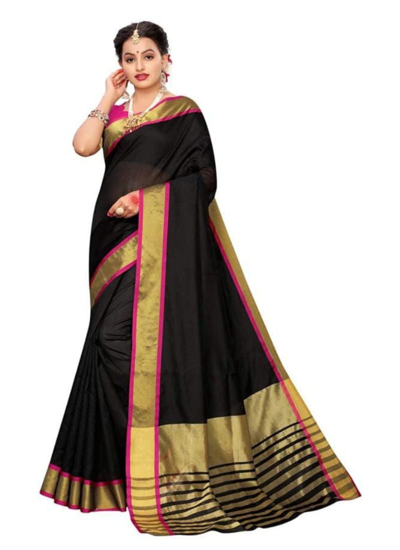 Generic Women's Cotton Silk Saree with Blouse (Black, 5 - 6 Mtrs)