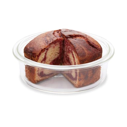 Borosil 1.4 L Easy Grip Baking & Serving Round Shape Cake Dish | Borosilicate Glass Bakeware and Serveware Casserole Dish Tray | Microwave, Oven & Dishwasher Safe Bowl | Transparent Container