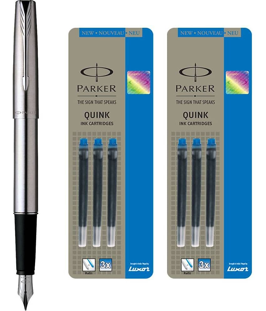 Parker Frontier Stainless Steel Ct Fountain Pen With 6 Blue Quink Ink Cartridge (Pack Of 3, Blue)