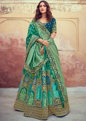 Teal Green Banarasi Silk Embroidered Desinger Lehenga