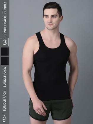 Men's Black Pack of 3 Solid Combed Cotton Vest