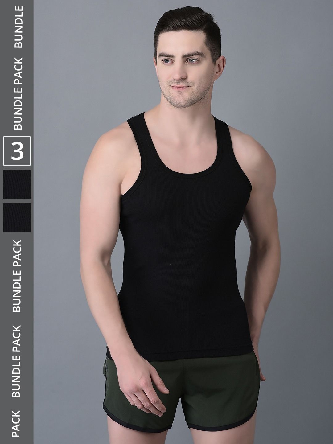 Men's Black Pack of 3 Solid Combed Cotton Vest