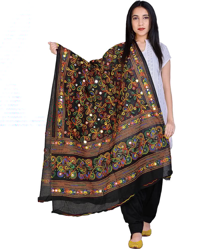 Raj Black Cotton Kutch Embroidered Dupatta