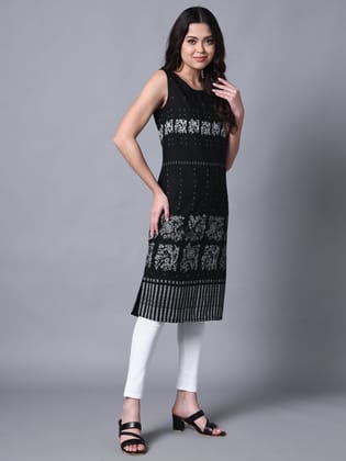 Black Rayon Print Strapy Straight Sleeveless Kurta-S