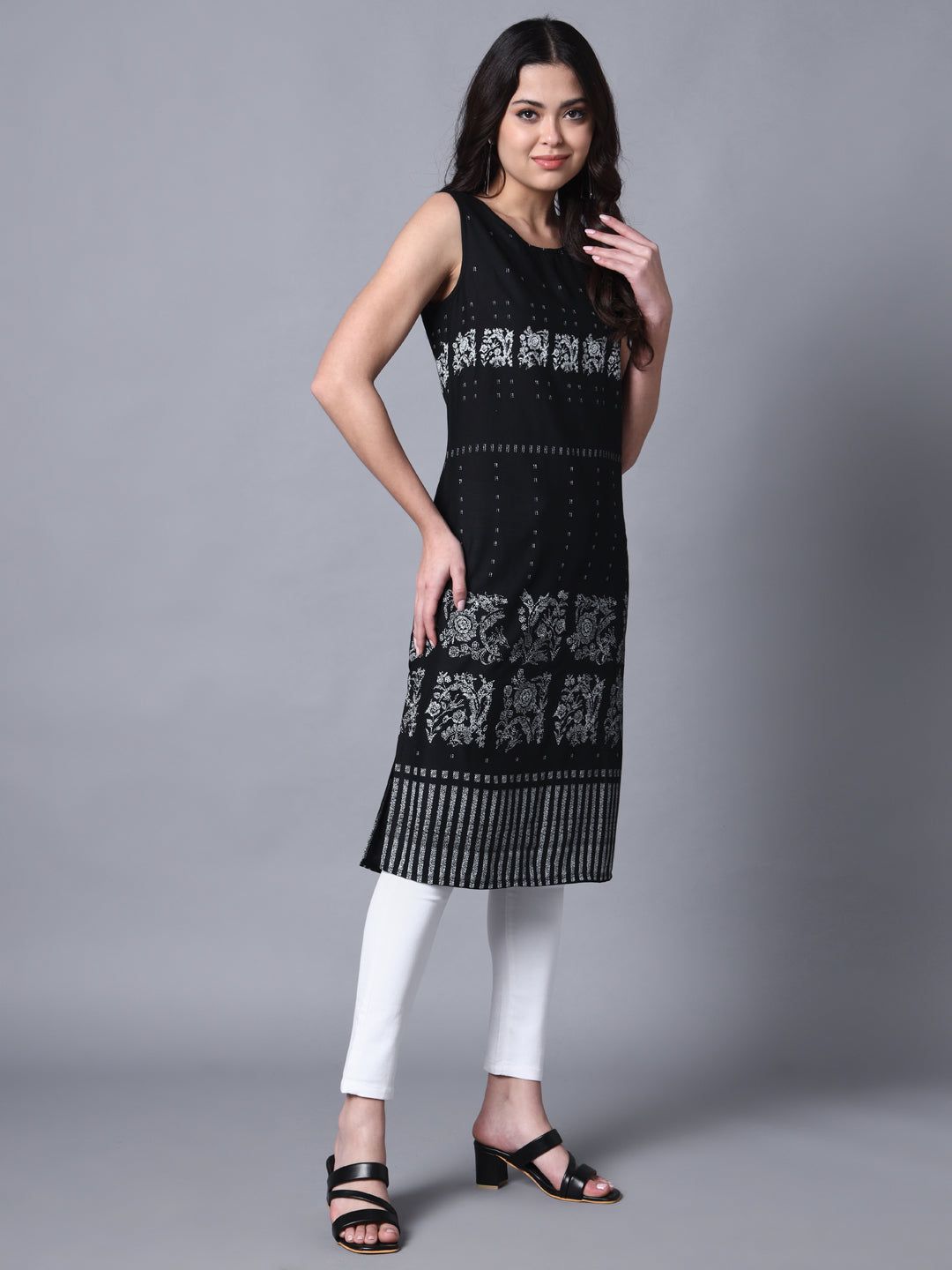 Black Rayon Print Strapy Straight Sleeveless Kurta-S