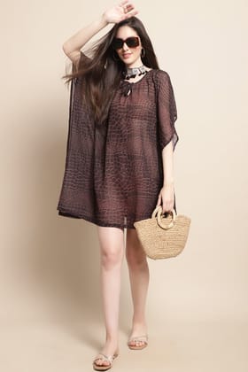 Black Color Abstract Printed Georgette Swimwear Cover Up Kaftan For Women-s