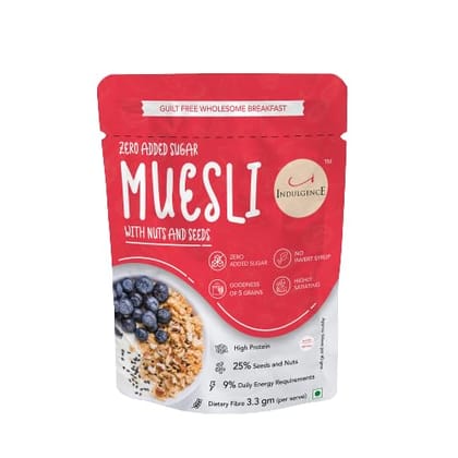 INDULGENCE Zero Added Sugar Muesli | High-Fiber, Crunchy Breakfast Cereal with Nuts, Seeds & Whole Grains | No Preservatives | Healthy Start for Weight Watchers & Diabetics. Pack of 2.