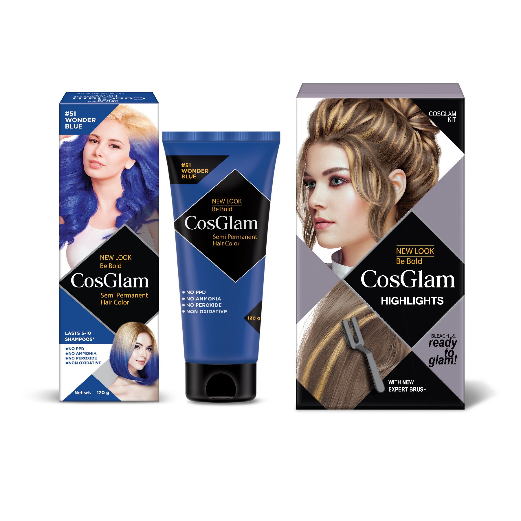 COSGLAM Semi Permanent Hair Color Wonder Blue 120g and Hair Highlighter Kit 115g, Highlights Hair Dye