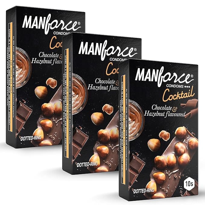MANFORCE Cocktail Condoms with Dotted-Rings Hazelnut & Chocolate Flavoured- 10 Pieces x Pack of 3 Condom (Set of 3 30 Sheets)