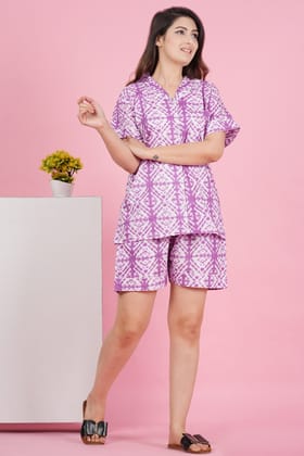 Pretty Purple Geometric Print Half Sleeve Shorts Set-S / Purple / 100% Cotton