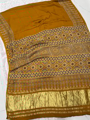 Mustard Ajrakh Hand Block Modal Silk Plain Saree With Fancy Zari pallu