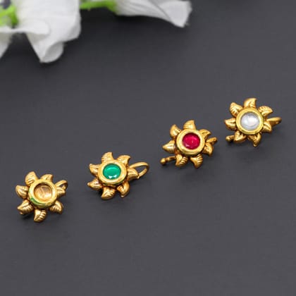 Multi Color Kundan Nose Pin Combo Of 4 Pieces (NSP142CMB)-Length: 2.00 CM x Width: 1.50 CM / Gold / Alloy With Good Quality Gold Plated