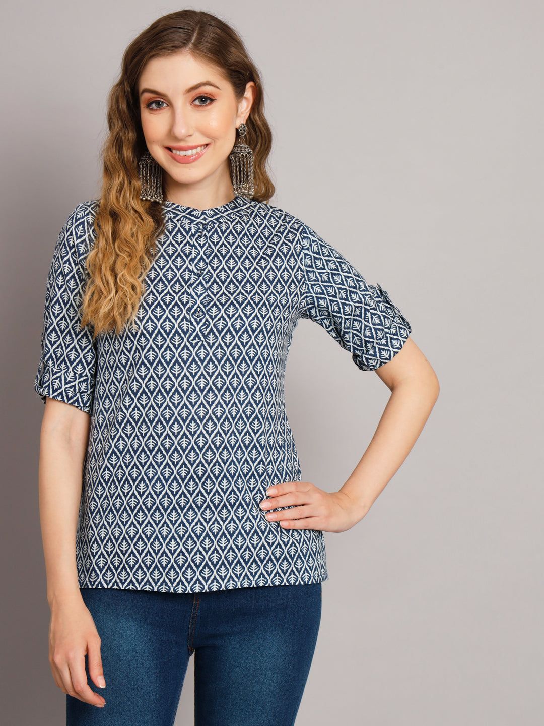 Grey Cotton Mandarin Collar Pure Cotton Tunic Top-S