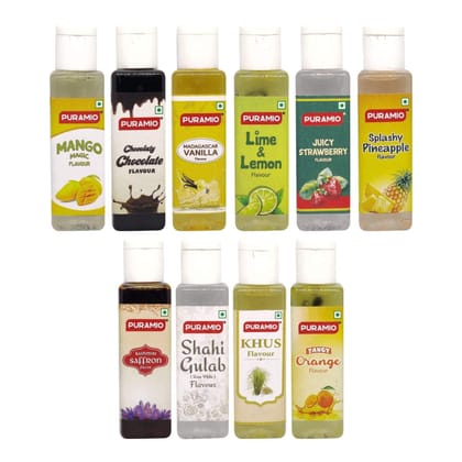 Puramio Liquid Food Concentrated Flavours (Vanilla, Rose, Pineapple, Orange, Lemon, Khus, Saffron, Strawberry, Mango, Chocolate), 30 ml Each - Pack of 10