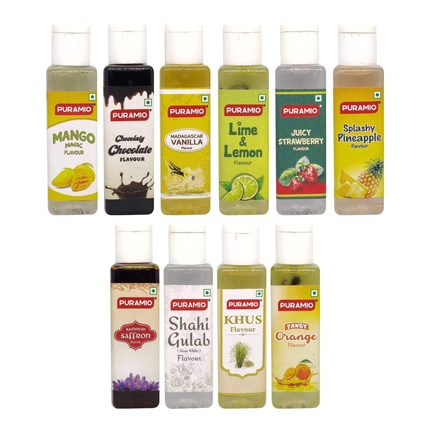 Puramio Liquid Food Concentrated Flavours (Vanilla, Rose, Pineapple, Orange, Lemon, Khus, Saffron, Strawberry, Mango, Chocolate), 30 ml Each - Pack of 10