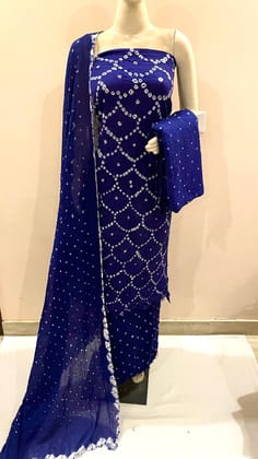 Cotton Satin Self Color Ethenika Cotton Bandhani Dress Material-Blue