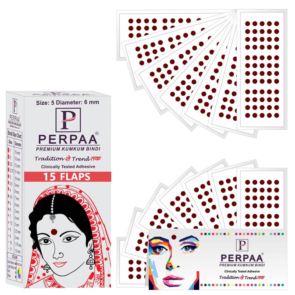 PERPAA Premium Velvet Sticker Kumkum Bindi Box of 15 Flaps - Pottu for Women,Ladies, Girls (Size 5, Diameter 6mm, Dark Maroon) PERPAA Premium Velvet Sticker Kumkum Bindi Box of 15 Flaps - Pottu for Women,Ladies, Girls (Size 5, Diameter 6mm, Dark Maroon)