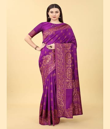 NENCY FASHION Banarasi Silk Embellished Saree With Unstitched Blouse Piece ( Purple )