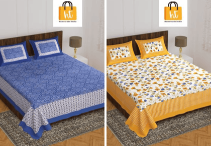 3001-Hometrade India-Standard King Size (90*108 Inches)-Pure Cotton Jaipuri Double Bedsheet With Matching Pillow Cover