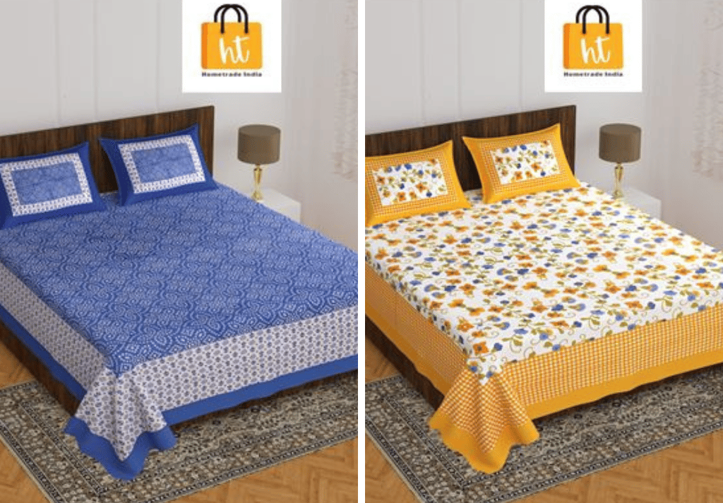 3001-Hometrade India-Standard King Size (90*108 Inches)-Pure Cotton Jaipuri Double Bedsheet With Matching Pillow Cover